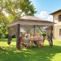 Outsunny 12' x 12' Foldable Pop-up Party Tent Instant Canopy Sun Shade Gazebo Shelter Steel Frame Oxford w/ Roller Bag, Brown(m-1)
