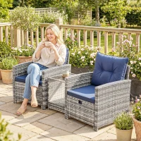 Outsunny 5 Piece Patio Furniture Set, Wicker Patio Chairs with Ottomans, 2-Tier Glass Coffee Table and Cushions, Grey/Dark Blue(m-10)