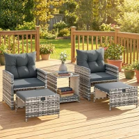 Outsunny 5 Piece Patio Furniture Set, Wicker Patio Chairs with Ottomans, 2-Tier Glass Coffee Table and Cushions, Grey/Dark Grey(m-1)