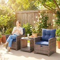 Outsunny 5 Piece Patio Furniture Set, Wicker Patio Chairs with Ottomans, 2-Tier Glass Coffee Table and Cushions, Brown/Dark Blue(m-10)