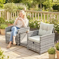 Outsunny 5 Piece Patio Furniture Set, Wicker Patio Chairs with Ottomans, 2-Tier Glass Coffee Table and Cushions, Grey/Cream White(m-10)