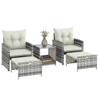 Outsunny 5 Piece Patio Furniture Set, Wicker Patio Chairs with Ottomans, 2-Tier Glass Coffee Table and Cushions, Grey/Cream White(m-11)