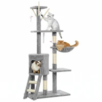 PawHut 53" Cat Tree Tower, Kitten Activity Centre with Scratching Posts, Condo, Perches, Ladder, Hammock, Dangling Toys, Grey(m-11)