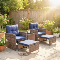 Outsunny 5 Piece Patio Furniture Set, Wicker Patio Chairs with Ottomans, 2-Tier Glass Coffee Table and Cushions, Brown/Dark Blue(m-8)