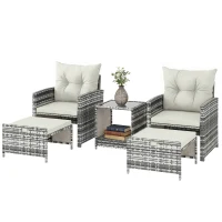 Outsunny 5 Piece Patio Furniture Set, Wicker Patio Chairs with Ottomans, 2-Tier Glass Coffee Table and Cushions, Grey/Cream White(m-2)