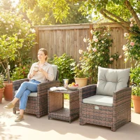Outsunny 5 Piece Patio Furniture Set, Wicker Patio Chairs with Ottomans, 2-Tier Glass Coffee Table and Cushions, Brown/Cream(m-10)
