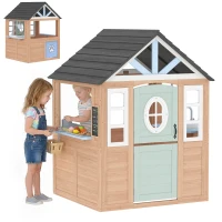 Qaba Kids Outdoor Playhouse, Wooden Cottage Play House with Pet Door, Play Kitchen, Half Door and Windows for Indoor Outdoor(m-11)