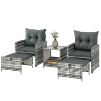 Outsunny 5 Piece Patio Furniture Set, Wicker Patio Chairs with Ottomans, 2-Tier Glass Coffee Table and Cushions, Grey/Dark Grey(m-2)