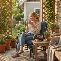 Outsunny Patio Glider, Outdoor Glider Chair with Cushions, Steel Frame, Curved Armrests, Dark Blue(m-8)