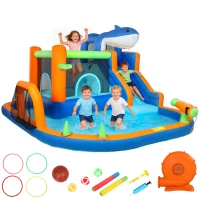Qaba Inflatable Bounce House for Kids, Sharks Theme Jumping Bouncy Castle with Slide and Pool for Indoor Outdoor, Blue(m-2)