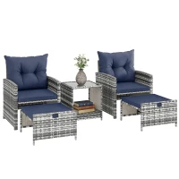 Outsunny 5 Piece Patio Furniture Set, Wicker Patio Chairs with Ottomans, 2-Tier Glass Coffee Table and Cushions, Grey/Dark Blue(m-11)