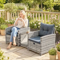 Outsunny 5 Piece Patio Furniture Set, Wicker Patio Chairs with Ottomans, 2-Tier Glass Coffee Table and Cushions, Grey/Dark Grey(m-10)