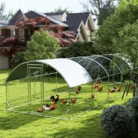 PawHut Galvanized Large Metal Chicken Coop Cage Walk-in Enclosure Poultry Hen Run House Playpen Rabbit Hutch with Cover for Outdoor Backyard 9.2' × 31.2' × 6.4'Silver(m-8)