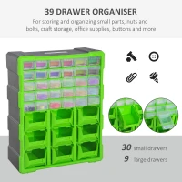 DURHAND Plastic 39 Drawer Parts Organiser Wall Mount Storage Cabinet for Small Nuts Bolts Tool Set of 2 Green(m-4)