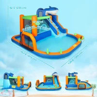Qaba Inflatable Bounce House for Kids, Sharks Theme Jumping Bouncy Castle with Slide and Pool for Indoor Outdoor, Blue(m-3)