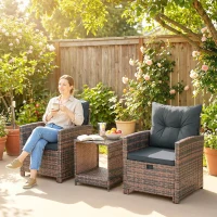 Outsunny 5 Piece Patio Furniture Set, Wicker Patio Chairs with Ottomans, 2-Tier Glass Coffee Table and Cushions, Brown/Dark Grey(m-10)