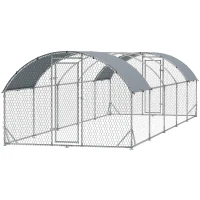PawHut Galvanized Large Metal Chicken Coop Cage Walk-in Enclosure Poultry Hen Run House Playpen Rabbit Hutch with Cover for Outdoor Backyard 9.2' × 31.2' × 6.4'Silver(m-2)