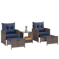 Outsunny 5 Piece Patio Furniture Set, Wicker Patio Chairs with Ottomans, 2-Tier Glass Coffee Table and Cushions, Brown/Dark Blue(m-11)