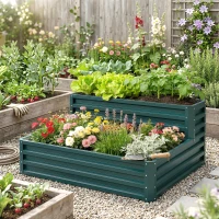 Outsunny 2 Tier Galvanized Raised Garden Bed, Steel Planter Box for Vegetables, Flowers, Herbs, 47" x 40" x 23", Green(m-7)