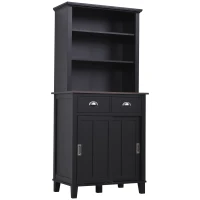 HOMCOM 67" Freestanding Buffet with Hutch, Kitchen Pantry Storage Cabinet with Sliding Doors, Drawers and Open Shelves, Adjustable Shelving, Black(m-11)