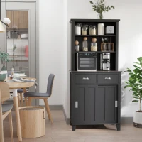 HOMCOM 67" Freestanding Buffet with Hutch, Kitchen Pantry Storage Cabinet with Sliding Doors, Drawers and Open Shelves, Adjustable Shelving, Black(m-2)