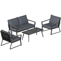 Outsunny 4 Piece Patio Furniture Set, Aluminum Conversation Set, Outdoor Garden Sofa Set with Armchairs, Loveseat, Center Coffee Table and Cushions, Dark Grey(m-1)