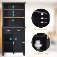 HOMCOM 67" Freestanding Buffet with Hutch, Kitchen Pantry Storage Cabinet with Sliding Doors, Drawers and Open Shelves, Adjustable Shelving, Black(m-6)