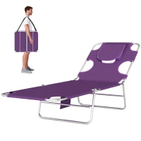 Outsunny Tanning Chair with Face Hole, 5-Level Adjustable Outdoor Chaise Lounge Chair with Pillow for Beach, Pool, Purple(m-1)