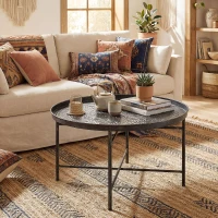 HOMCOM Coffee Table for Living Room, 24" Round Center Table with Hammered Tray Top and Metal Frame for Bedroom, Pewter(m-10)