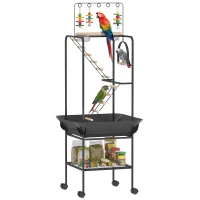 PawHut 64"H Rolling Bird Playground Parrot Stand with Seed Guard & Wheels, Ladders, Swing, Toy Hook & Bowls(m-11)