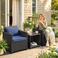 Outsunny 3 Piece Patio Bistro Set, Wicker Furniture Set with Thick Cushions, Glass Coffee Table and Chairs for Garden, Dark Blue(m-2)