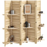HOMCOM 5 Panel 67" Tall Wood Privacy Screen Room Divider with 3 Shelves and Folding Storage for Bedroom, Natural Wood(m-11)