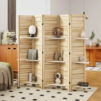 HOMCOM 5 Panel 67" Tall Wood Privacy Screen Room Divider with 3 Shelves and Folding Storage for Bedroom, Natural Wood(m-10)