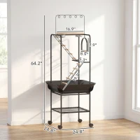 PawHut 64"H Rolling Bird Playground Parrot Stand with Seed Guard & Wheels, Ladders, Swing, Toy Hook & Bowls(m-3)