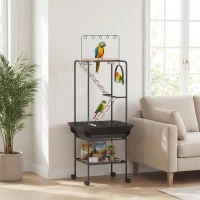 PawHut 64"H Rolling Bird Playground Parrot Stand with Seed Guard & Wheels, Ladders, Swing, Toy Hook & Bowls(m-10)