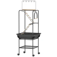 PawHut 64"H Rolling Bird Playground Parrot Stand with Seed Guard & Wheels, Ladders, Swing, Toy Hook & Bowls(m-1)