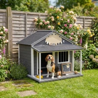 PawHut Outdoor Cabin Style Dog House, Medium Dogs, 53 lbs, Gray(m-8)