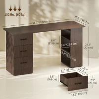 HOMCOM Computer Desk, 55" Writing Table with 3-Tier Shelves and 3 Reversible Drawers for Home Office, Bedroom, Walnut(m-3)