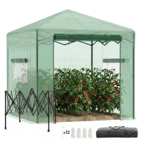 Outsunny Portable Pop Up Greenhouse, Outdoor Walk-in Hot House with Roll-up Door & 2 Windows, 8' x 6' , Green(m-2)