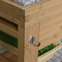 HOMCOM Bamboo Rolling Kitchen Island on Wheels Storage Cart with Granite Top, a Slide-Out Basket & Wine Storage Rack(m-13)