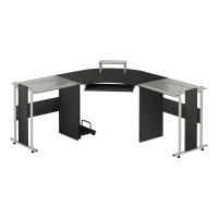 HOMCOM 69" Modern L-Shaped Tempered Glass Office Computer Desk with Elevated Monitor Stand, Rolling CPU Holder, Pull Out Keyboard Tray and Steel Frame, Black(m-1)