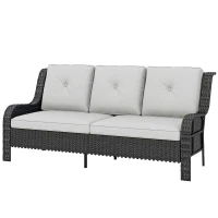 Outsunny Wicker Patio Sofa with Cushions, 3 Seater Rattan Outdoor Couch for Patio, Garden, Porch, Backyard, Light Grey(m-2)