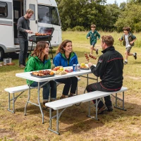 Outsunny 6FT 3 PCS Portable Camping Table and Chairs, Folding Picnic Table Bench Set with Carrying Handles for BBQ, Party, White(m-10)