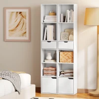HOMCOM 6-Tier Bookcase, Tall Narrow Bookshelf with Drawer and Door, White(m-9)