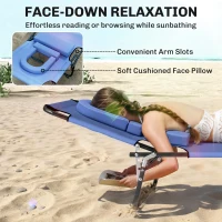Outsunny Folding Chaise Lounge Chair, Reclining Beach Tanning Chair with Face Hole, Pillow, 4-Position Adjustable Lay Flat Sun Lounger, Steel Frame for Outdoor Patio Pool, Blue(m-4)