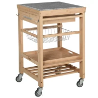 HOMCOM Bamboo Rolling Kitchen Island on Wheels Storage Cart with Granite Top, a Slide-Out Basket & Wine Storage Rack(m-1)
