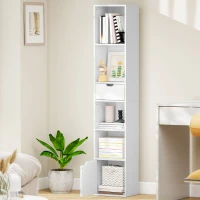 HOMCOM 6-Tier Bookcase, Tall Narrow Bookshelf with Drawer and Door, White(m-10)
