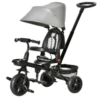 Qaba Kids Tricycle, 4 in 1 Foldable Trike with Reversible Seat, Adjustable Parent Handle, Safety Harness, Wheel Brakes, Removable Canopy, Storage, Tricycle for Toddlers 1-5 Years, Gray(m-11)