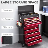HOMCOM 14 Drawer Rolling Tool Chest, Lockable Tool Storage Cabinet with Detachable Top Toolbox, Protective Liner, Red(m-4)