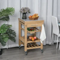 HOMCOM Bamboo Rolling Kitchen Island on Wheels Storage Cart with Granite Top, a Slide-Out Basket & Wine Storage Rack(m-19)